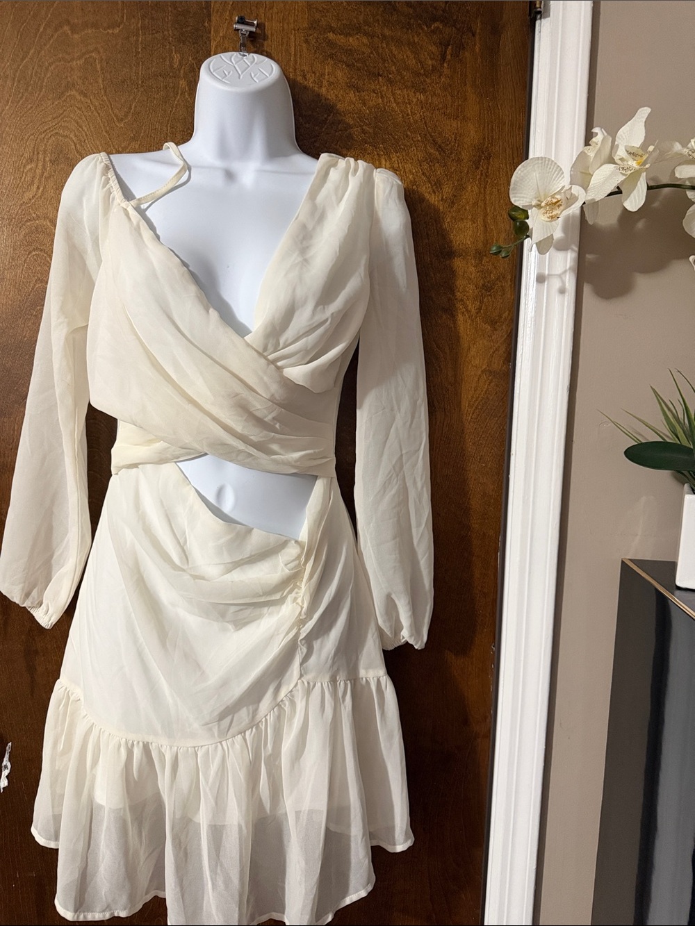 PrettyLittleThing Cream Wrap-Front Mini Dress